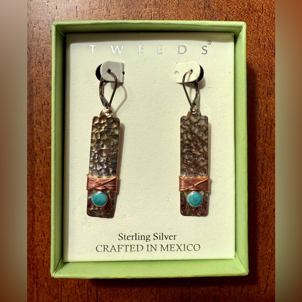 ($75) NWOT 925 Sterling Silver Mixed Media Earrings With Turquoise and Copper